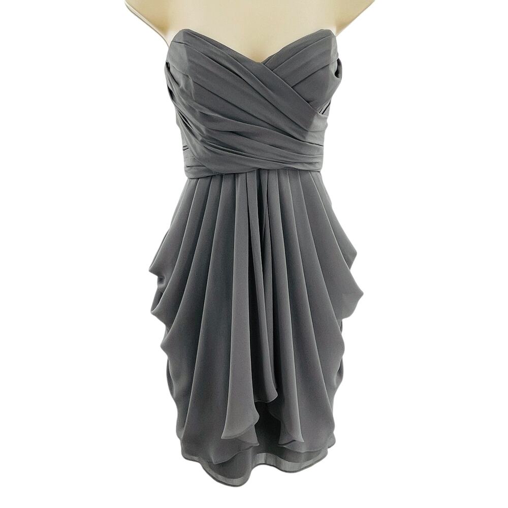 Watters & Watters Gray Strapless Chiffon Draped Formal Cocktail Party Dress 8 - Picture 2 of 9